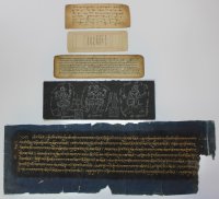 Lot of 5 leaves in Tibetan, Uighur and Burmese scripts. Early to late 19th Century.