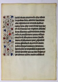 French Book of Hours illuminated leaf c.1480. Rinceaux panels.