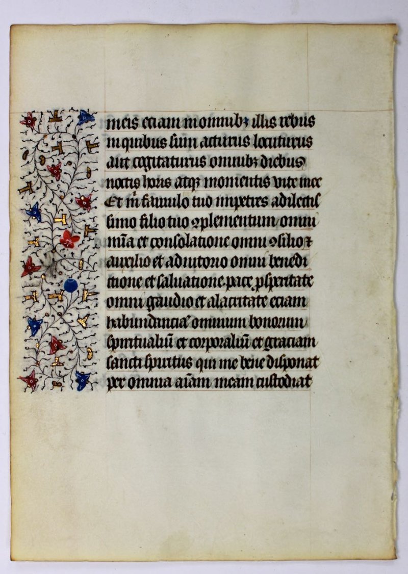 French Book of Hours illuminated leaf c.1480. Rinceaux panels. - Click Image to Close