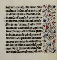 French Book of Hours illuminated leaf c.1480. Rinceaux panels.