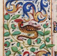 A charming "hybrid" dragon/rooster. Hours leaf, c.1465.
