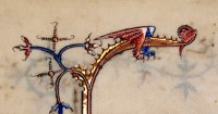 Winged dragon, fine illuminations in an early Book of Hours leaf c.1390.