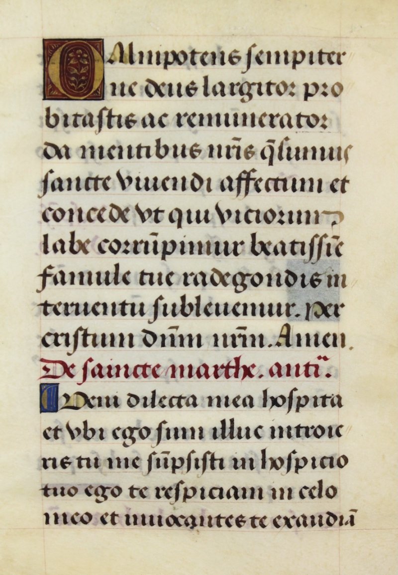 Prayers to Saints Radegunde, Martha & Elizabeth. c.1500 vellum Book of Hours leaf. - Click Image to Close