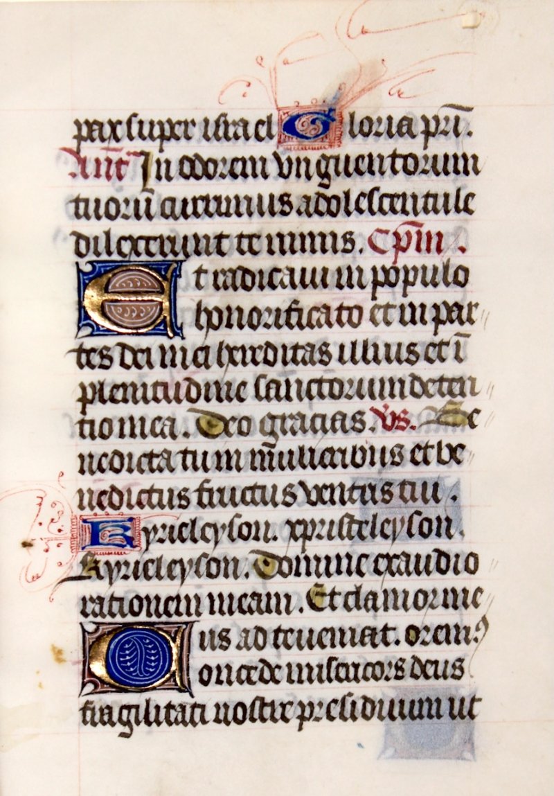 Illuminated & coloured initials. Book of Hours leaf, c.1480, France/Flanders. - Click Image to Close