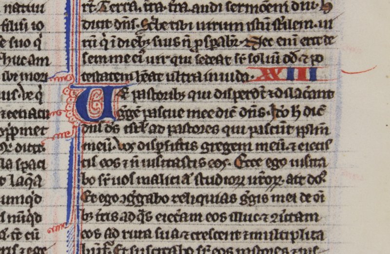 Manuscript leaf, Parisian ”Pocket Bible”, c.1250 with a scribal correction. - Click Image to Close