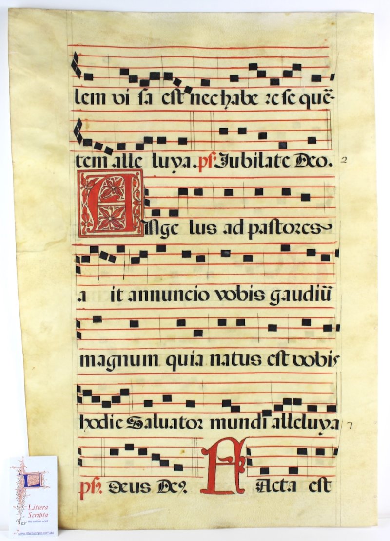 Antiphon for the Annunciation to the Shepherds. Gregorian Chant leaf, c.1600, Spain. - Click Image to Close