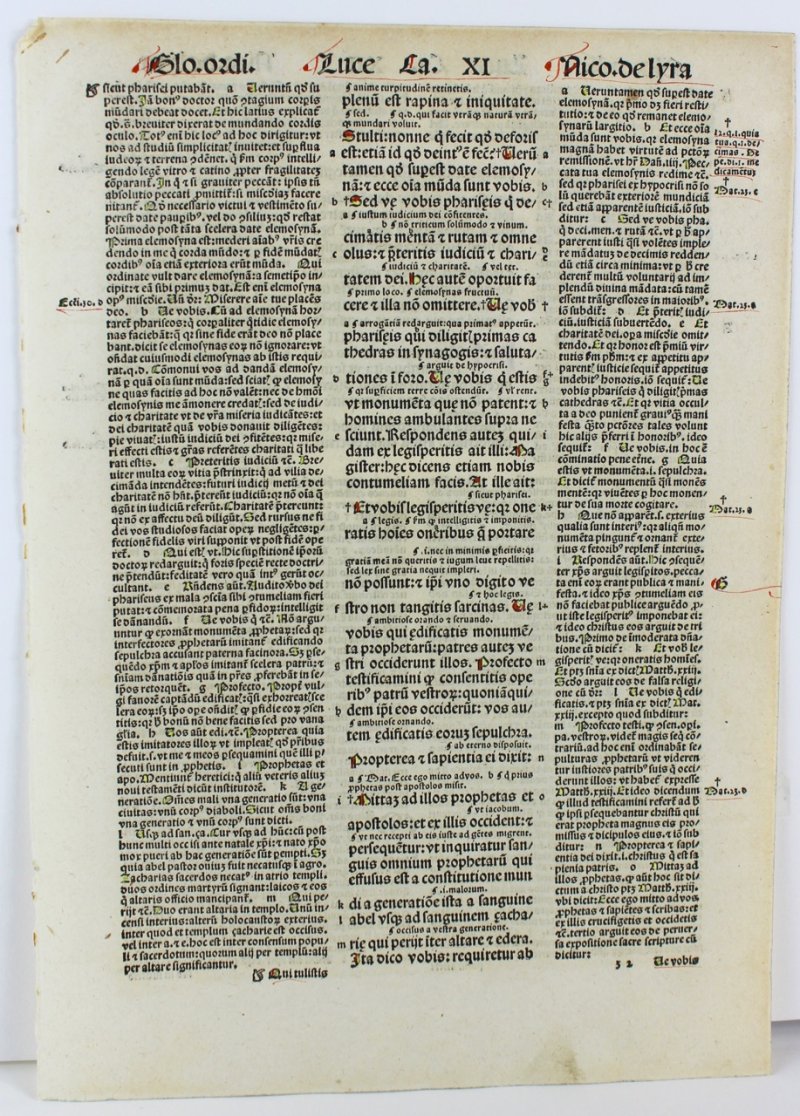Glossed incunable leaf, 1498. Coloured initials added by hand. St. Luke Gospel. - Click Image to Close
