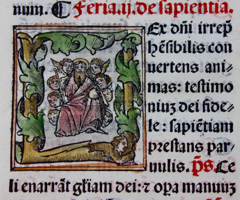 Hand coloured woodcut initial, 1525 Missal leaf. - Click Image to Close
