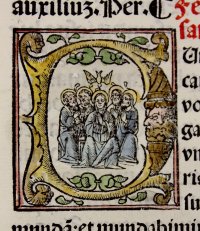 Missal leaf with comical faces in woodcut initials. c.1525.