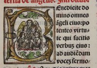 Missal leaf with comical faces in woodcut initials. c.1525.