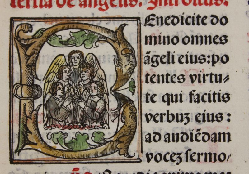 Missal leaf with comical faces in woodcut initials. c.1525. - Click Image to Close