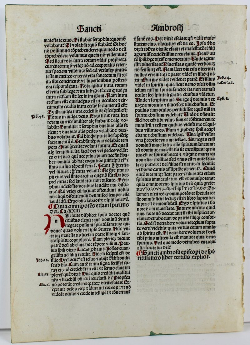 The Works of St. Ambrosius. Incunable leaf, 1492. Hand initials. - Click Image to Close