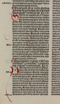 Finely printed & decorated incunable leaf. Works of Saint Ambrose. 1492.