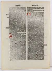 Finely printed & decorated incunable leaf. Works of Saint Ambrose. 1492.