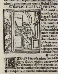 St. Jerome’s biblical commentaries. Incunable leaf, 1498, Venice. Large woodcut initial.