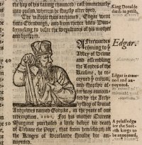Holinshed’s Chronicle leaf, 1577, with a woodcut illustration of King Edgar