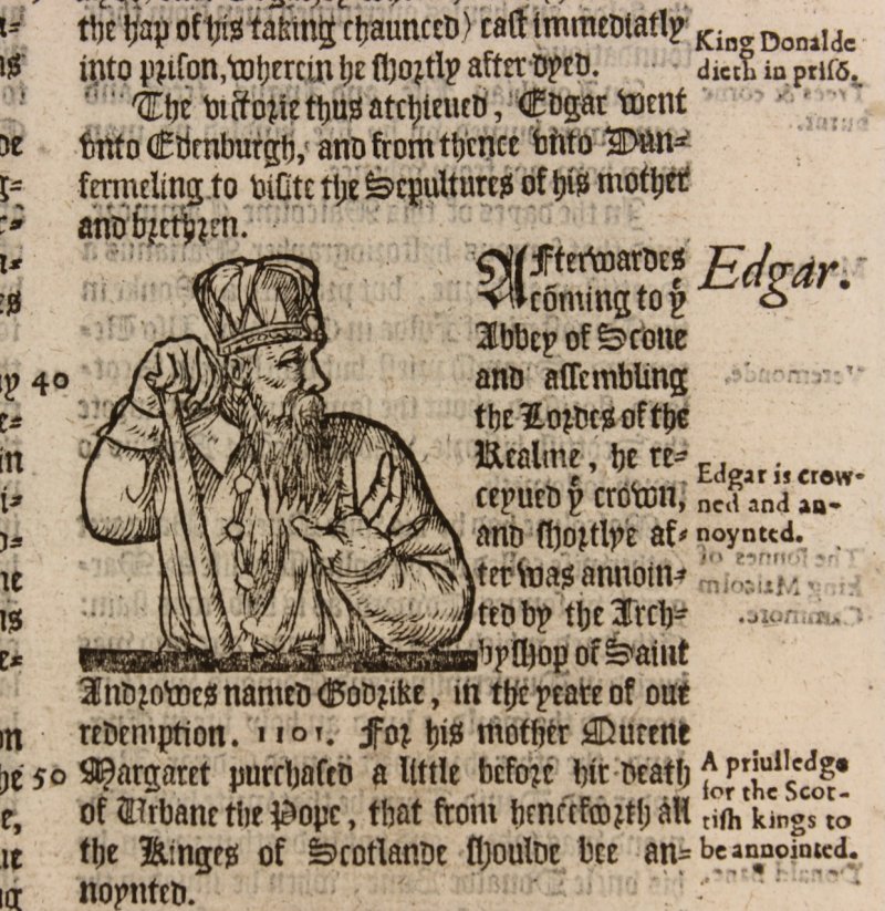 Holinshed’s Chronicle leaf, 1577, with a woodcut illustration of King Edgar - Click Image to Close