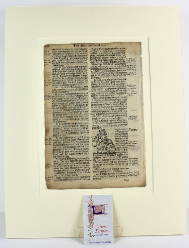 Holinshed’s Chronicle leaf, 1577, with a woodcut illustration of King Edgar - Click Image to Close