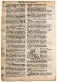 Holinshed’s Chronicle leaf, 1577, with a woodcut illustration of King Edgar