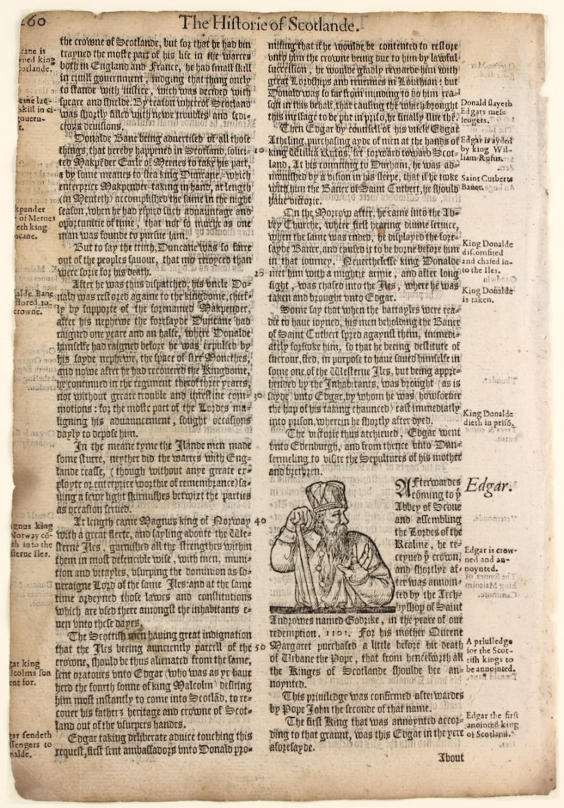 Holinshed’s Chronicle leaf, 1577, with a woodcut illustration of King Edgar - Click Image to Close
