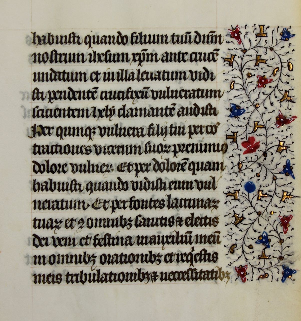 French Book of Hours illuminated leaf c.1480. Rinceaux panels. - Click Image to Close