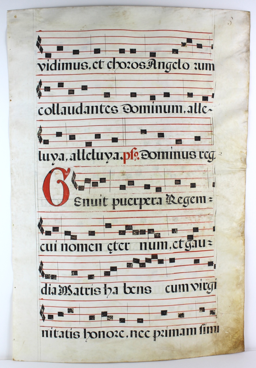 Antiphon for the Annunciation to the Shepherds. Gregorian Chant leaf, c.1600, Spain. - Click Image to Close