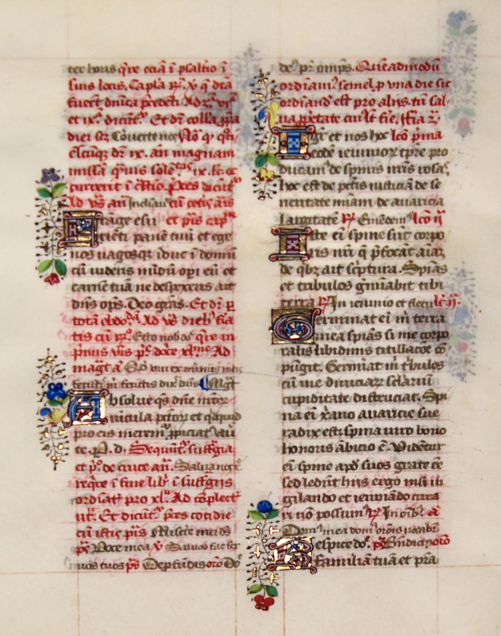 Pristine condition. Manuscript Breviary leaf, c. 1475 with jewel-like illuminated initials.