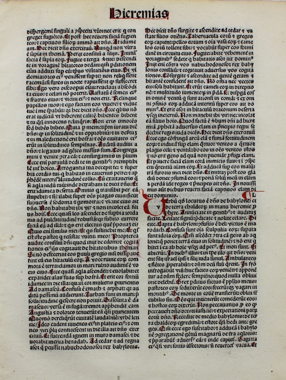 Incunable “Biblia Latina” leaf, 1488. Book of Jeremiah.