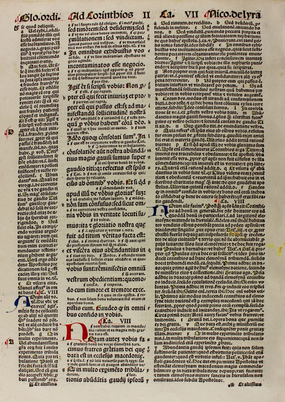Glossed incunable leaf, 1498. Corinthians II.