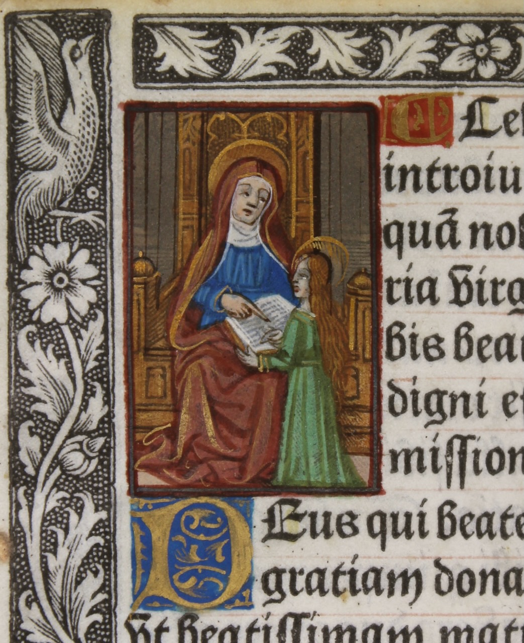 Miniature of St. Anne teaching Mary. Pigouchet/Vostre vellum printed Book of Hours, c.1500.