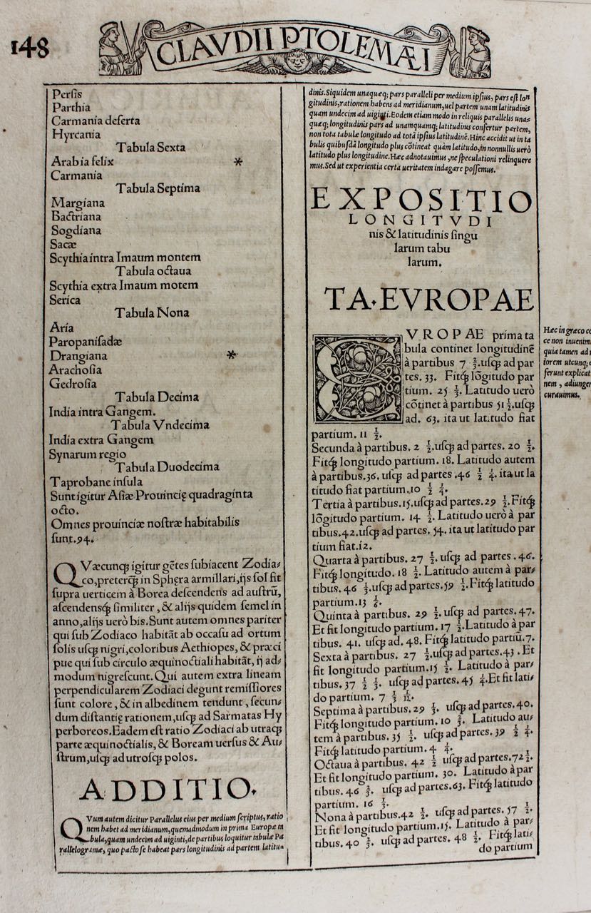 Ptolemy's "Geographica" leaf, 1535 edition, Lyon.