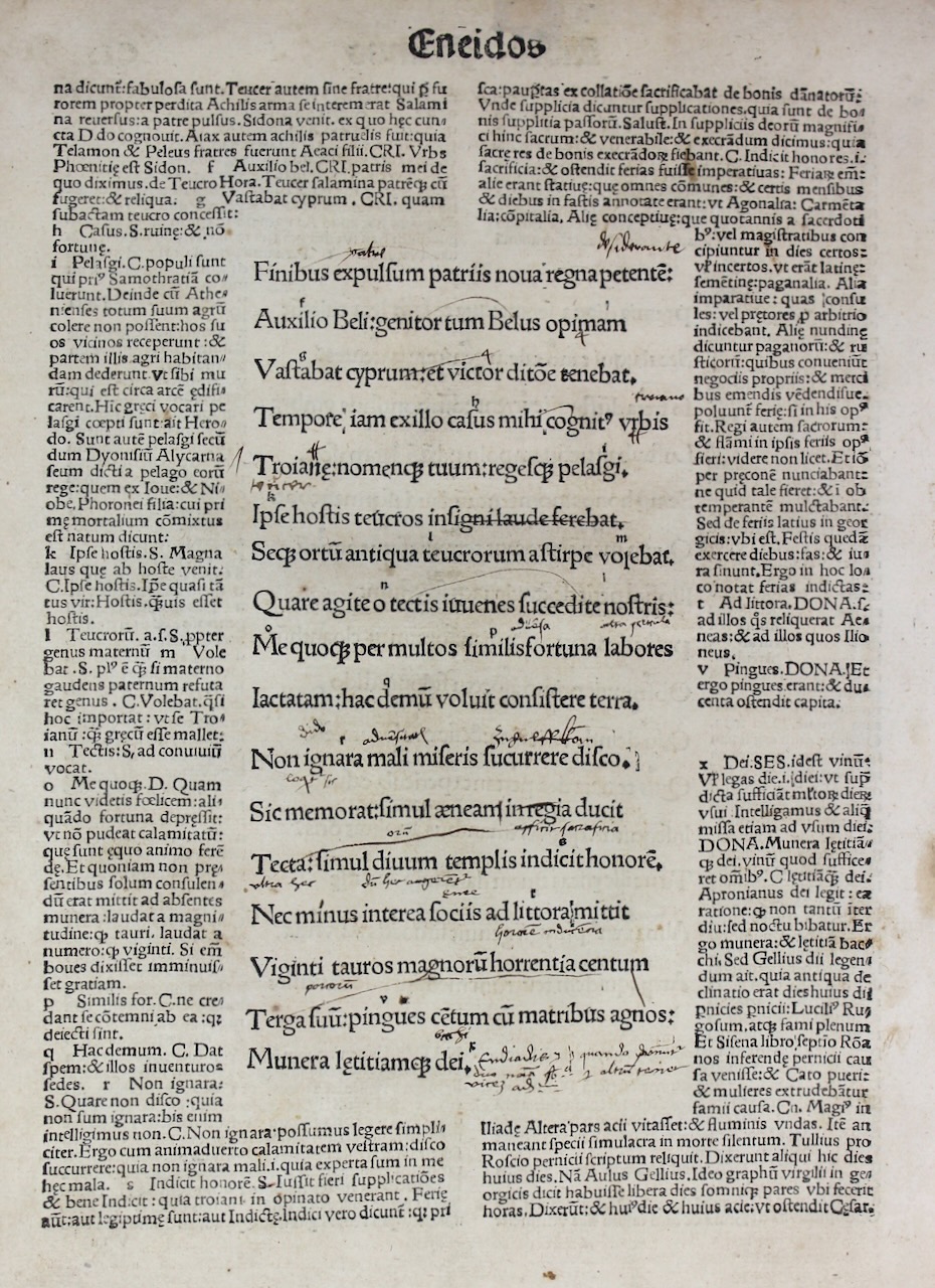 Virgil’s Aeneid. Glossed post incunable leaf, 1502 with inter-linear scholar’s notes.