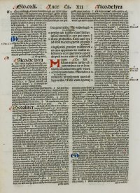 Glossed incunable leaf, 1498. Coloured initials added by hand. St. Luke Gospel.