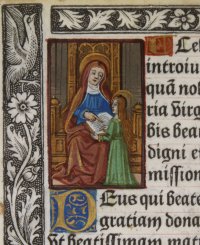 Miniature of St. Anne teaching Mary. Pigouchet/Vostre vellum printed Book of Hours, c.1500.