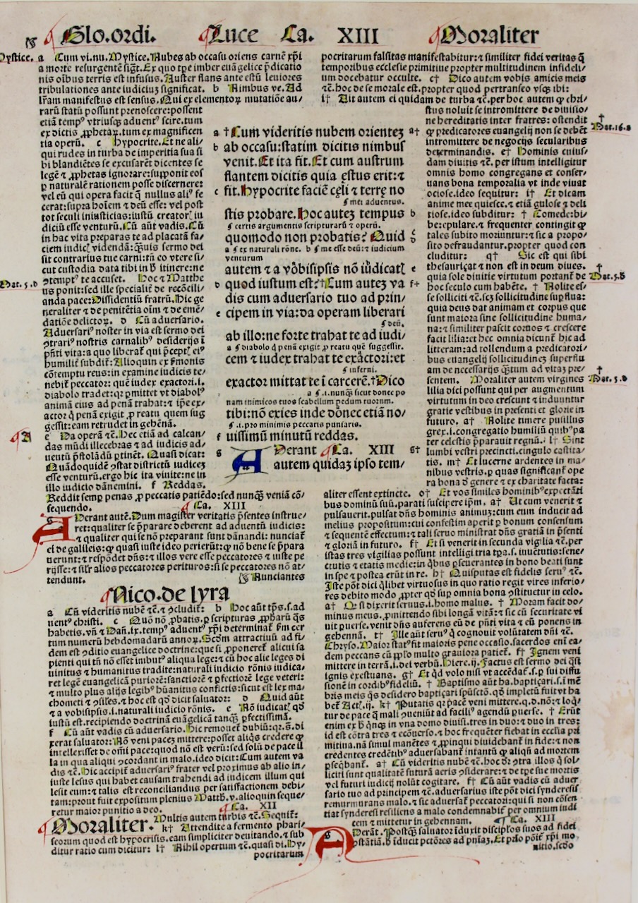 The Gospel according to St. Luke Glossed incunable leaf, 1498.
