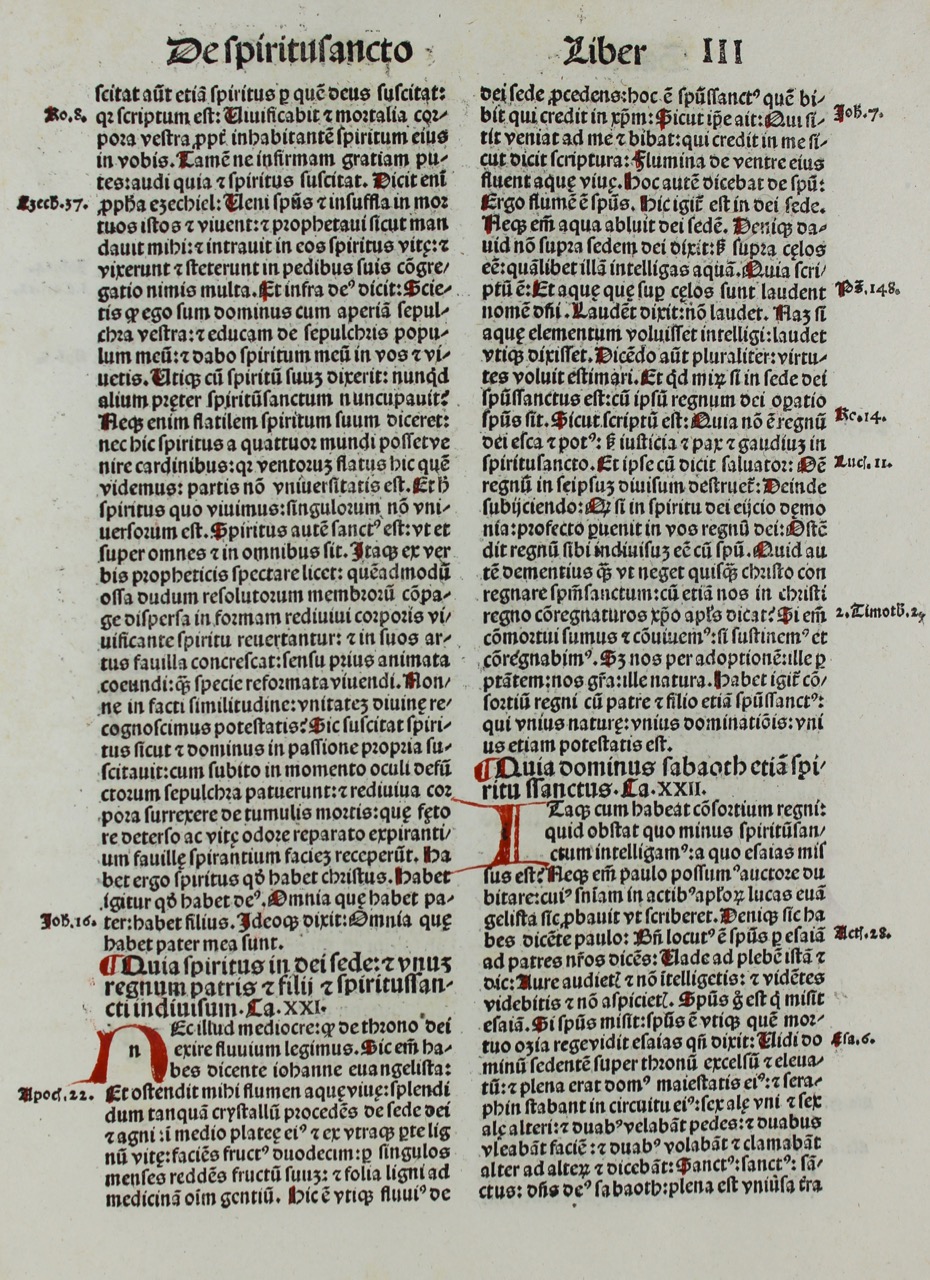 The Works of St. Ambrosius. Incunable leaf, 1492. Hand initials. The Works of St. Ambrosius. Incunable leaf, 1492. Hand initials.