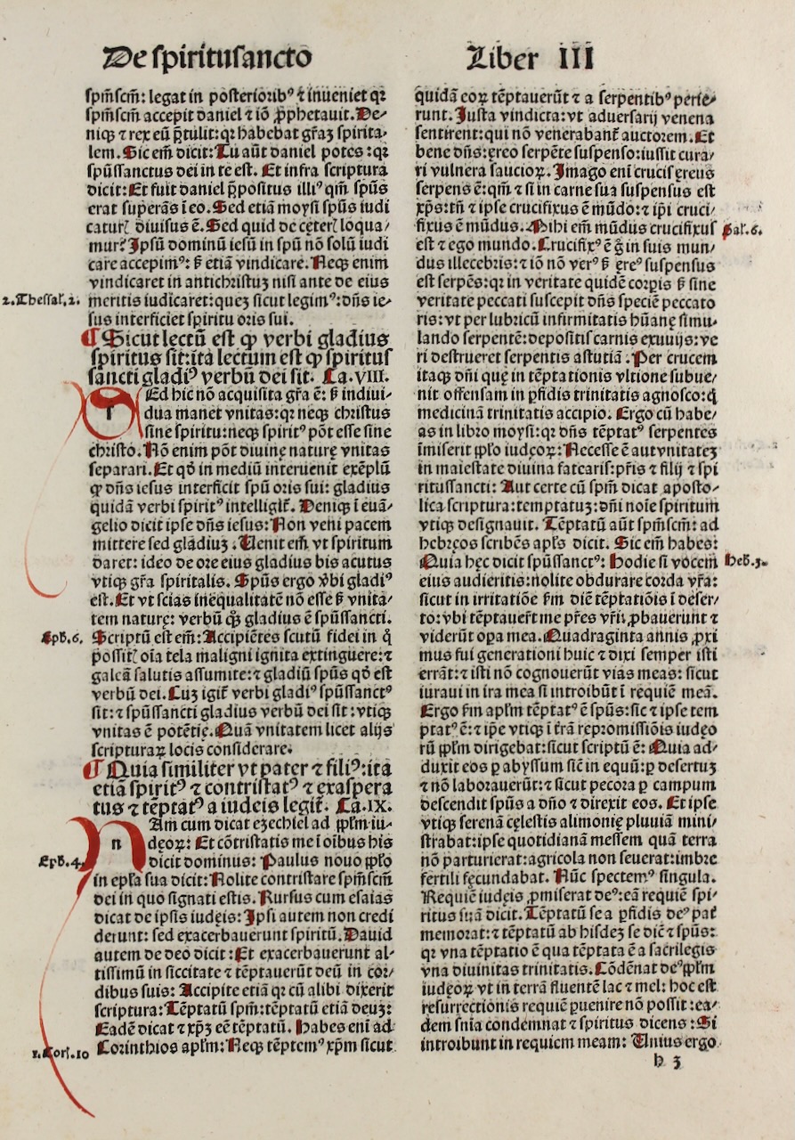 Finely printed & decorated incunable leaf. Works of Saint Ambrose. 1492.