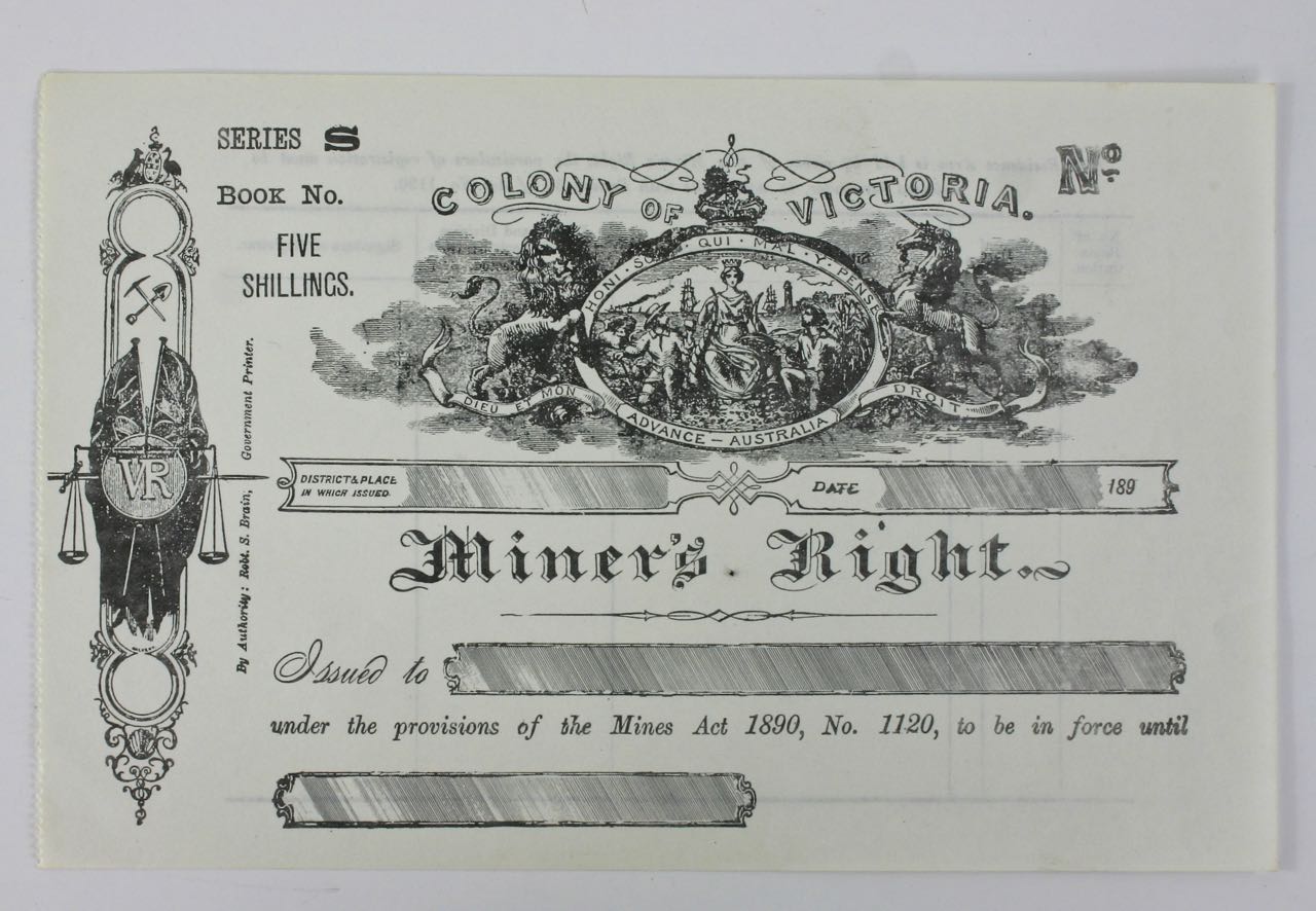 Original unissued Miner's Right, 1890's. Colony of Victoria